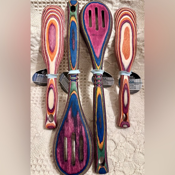 New Island Bamboo 2 Spurtles & 2 Rainbow 12" Slotted Spoons Pakka - Picture 3 of 6